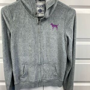 Victoria's Secret Velour Full-Zip Hoodie Jacket Gray Small SM Pink Dog glitter